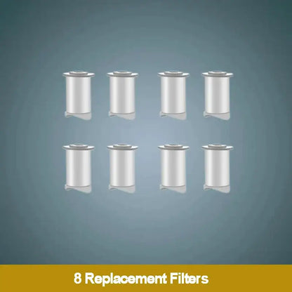 Eight metallic cylindrical replacement filters for rose gold high pressure shower head with filter bathroom use