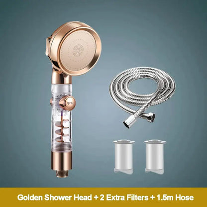 Rose gold high pressure shower head with filter featuring a transparent body and internal spiral for enhanced shower experience