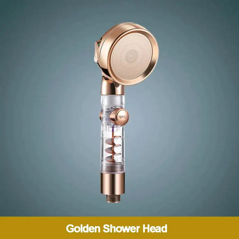 Rose gold high pressure shower head with filter featuring transparent body revealing internal spiral for enhanced shower experience