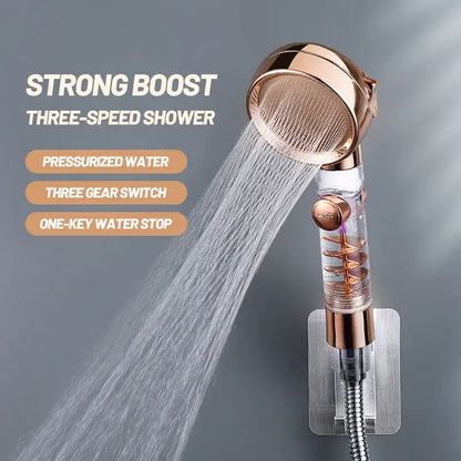 Rose gold high pressure shower head with clear body revealing copper coils and three-speed filter for enhanced shower experience