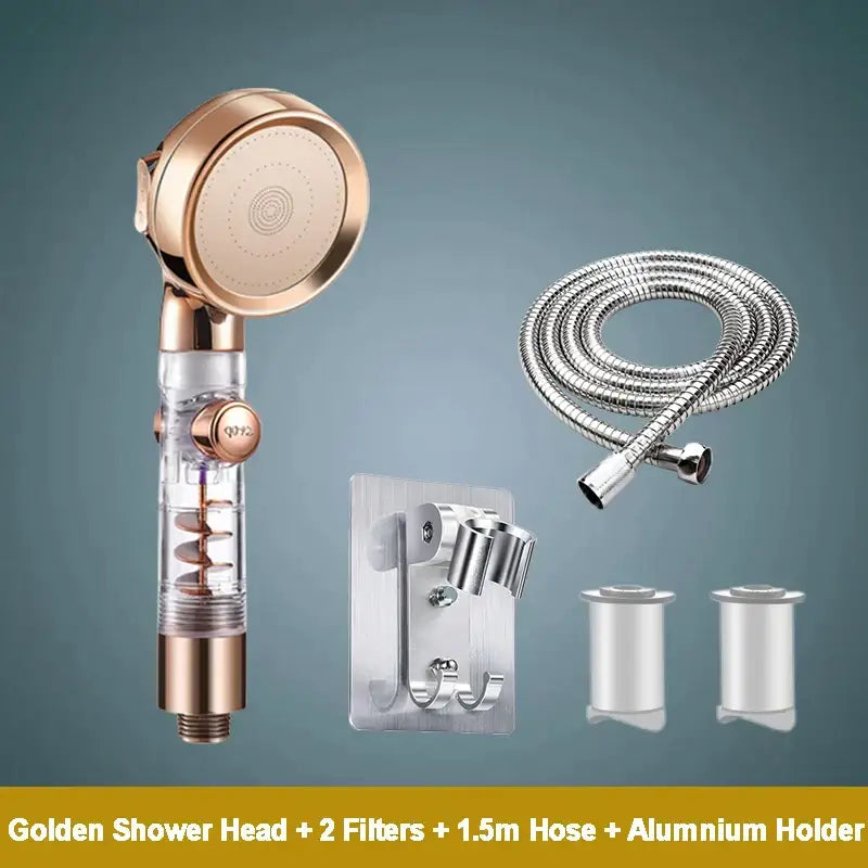 Rose gold high pressure shower head with transparent cylindrical body and spiral filter mechanism for bathroom use