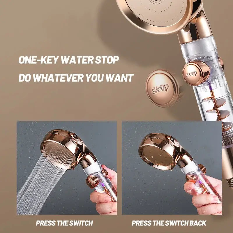 Rose gold high pressure shower head with clear water filter housing and stop button for enhanced shower experience