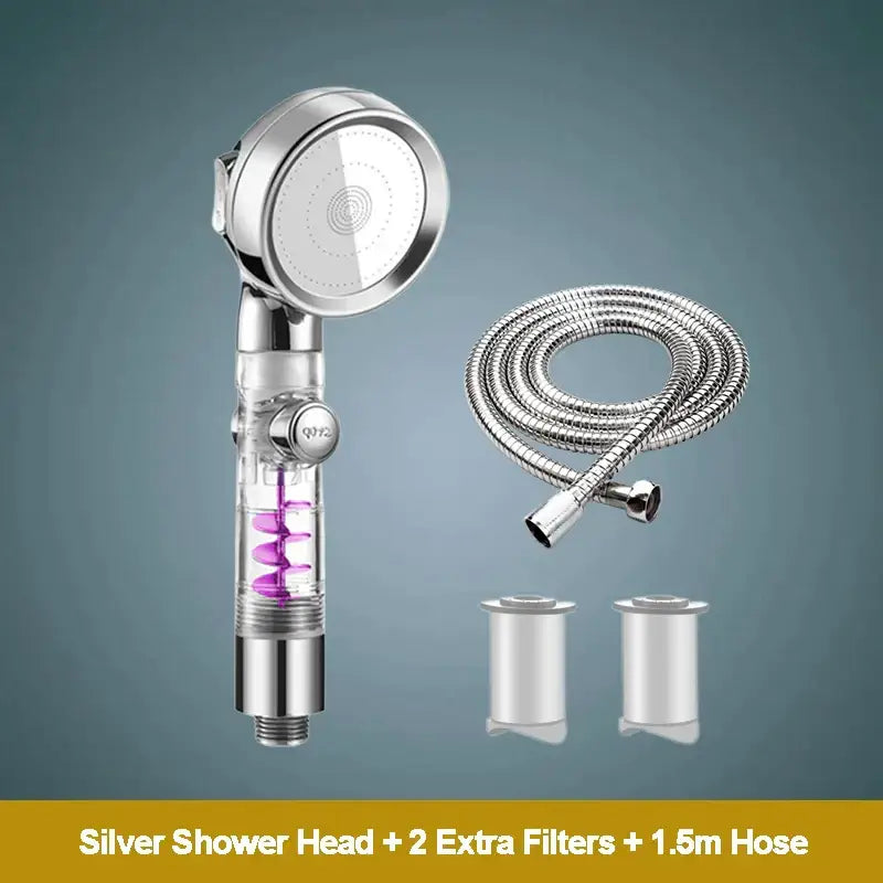 Rose gold high pressure shower head with transparent body and purple spiral filters for enhanced shower experience