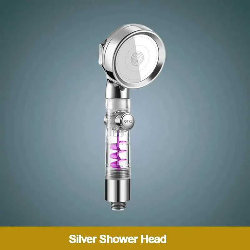 Rose gold high pressure shower head with filter featuring a silver transparent body and purple spiral for enhanced shower experience