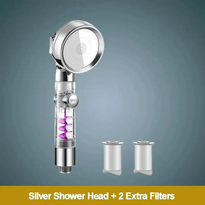 Silver high pressure shower head with transparent cylindrical body housing purple spiral filters and chrome accents for bathroom