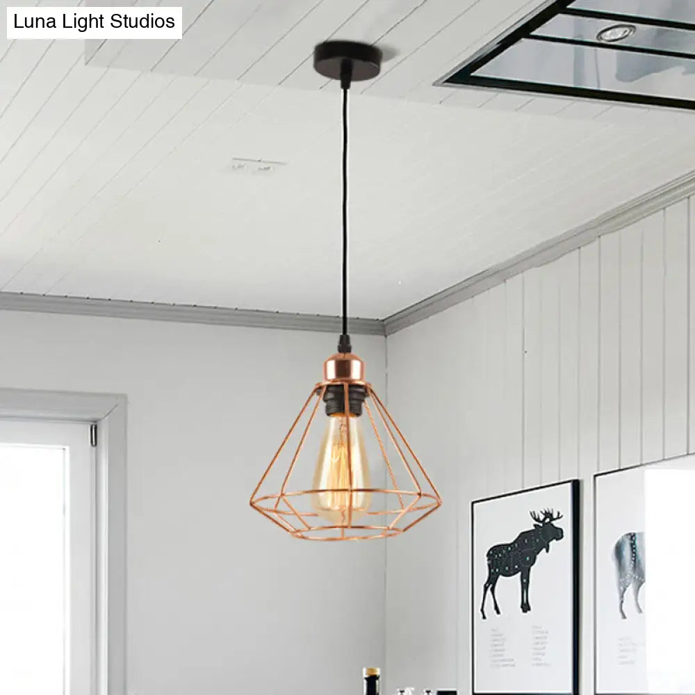 Rose Gold Iron Diamond Cage Pendant Lamp - Industrial Ceiling Light with 1-Bulb