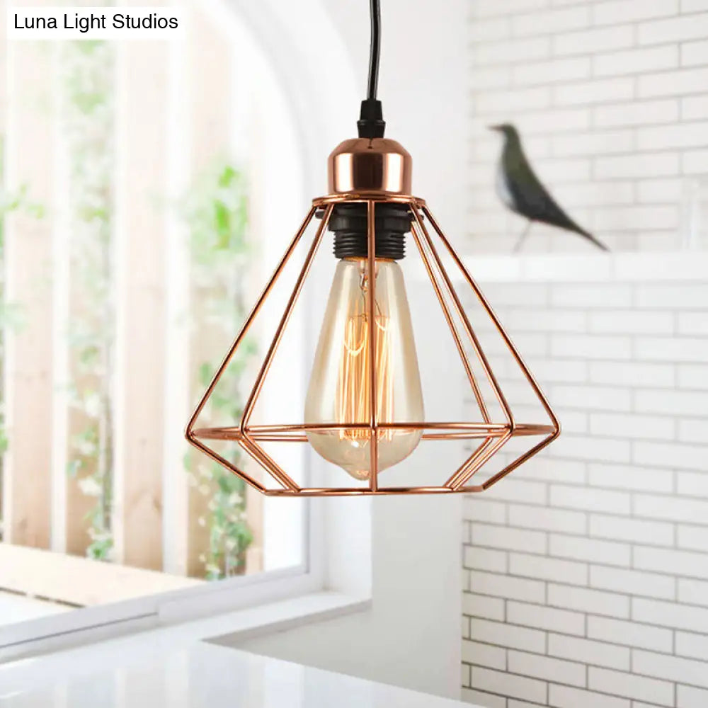 Rose Gold Iron Diamond Cage Pendant Lamp - Industrial Ceiling Light with 1-Bulb