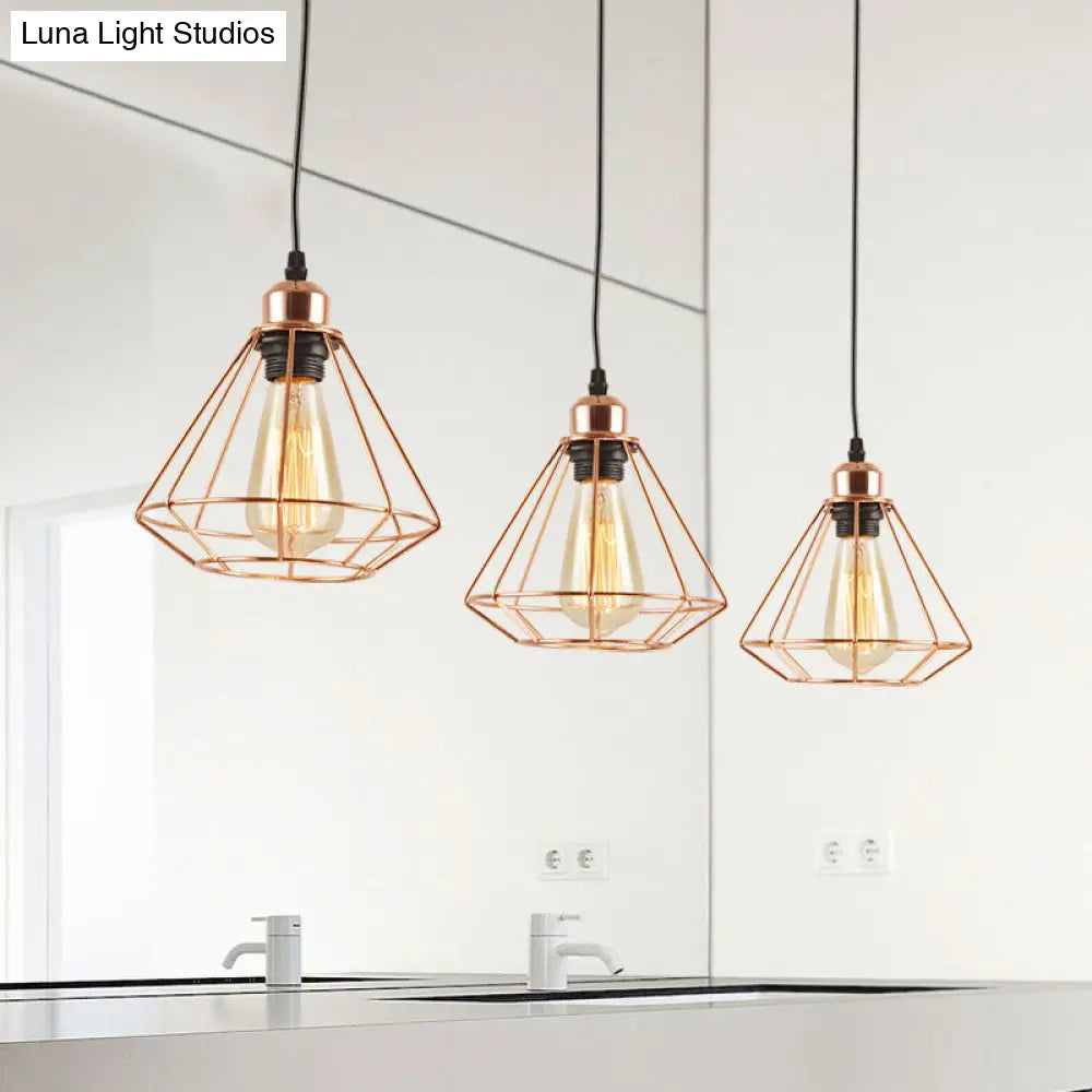 Rose Gold Iron Loft Style Dining Room Ceiling Lamp with Diamond Cage - 3 Heads, Multi Hanging, Round/Linear Canopy