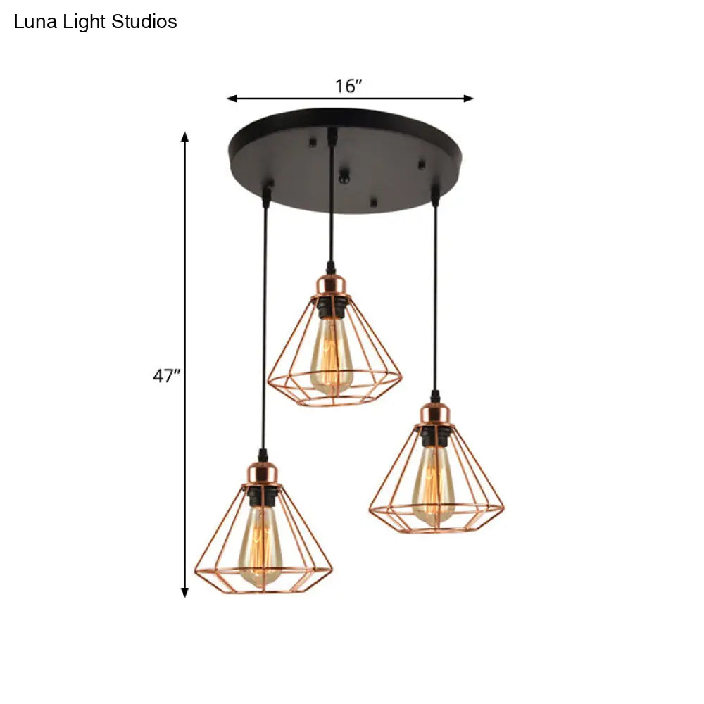 Rose Gold Iron Loft Style Dining Room Ceiling Lamp with Diamond Cage - 3 Heads, Multi Hanging, Round/Linear Canopy