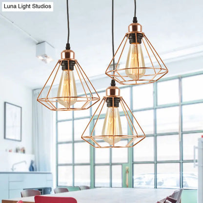 Rose Gold Iron Loft Style Dining Room Ceiling Lamp with Diamond Cage - 3 Heads, Multi Hanging, Round/Linear Canopy