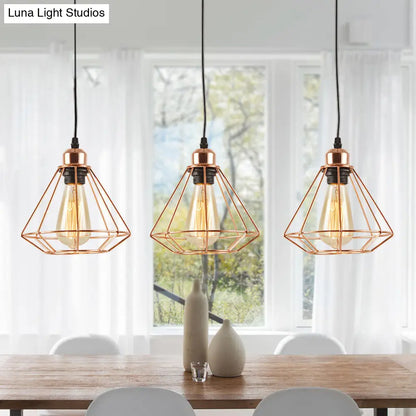 Rose Gold Iron Loft Style Dining Room Ceiling Lamp with Diamond Cage - 3 Heads, Multi Hanging, Round/Linear Canopy