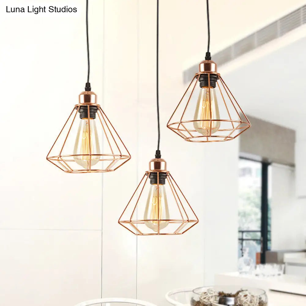 Rose Gold Iron Loft Style Dining Room Ceiling Lamp with Diamond Cage - 3 Heads, Multi Hanging, Round/Linear Canopy