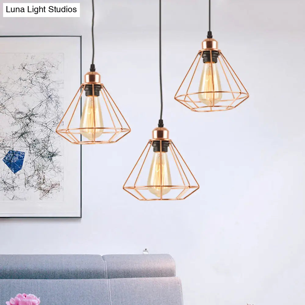 Rose Gold Iron Loft Style Dining Room Ceiling Lamp with Diamond Cage - 3 Heads, Multi Hanging, Round/Linear Canopy