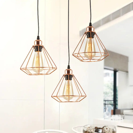 Rose Gold Iron Loft Style Dining Room Ceiling Lamp with Diamond Cage - 3 Heads, Multi Hanging, Round/Linear Canopy