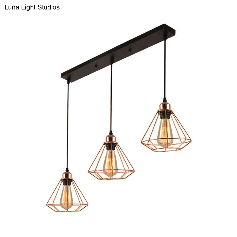 Rose Gold Iron Loft Style Dining Room Ceiling Lamp with Diamond Cage - 3 Heads, Multi Hanging, Round/Linear Canopy