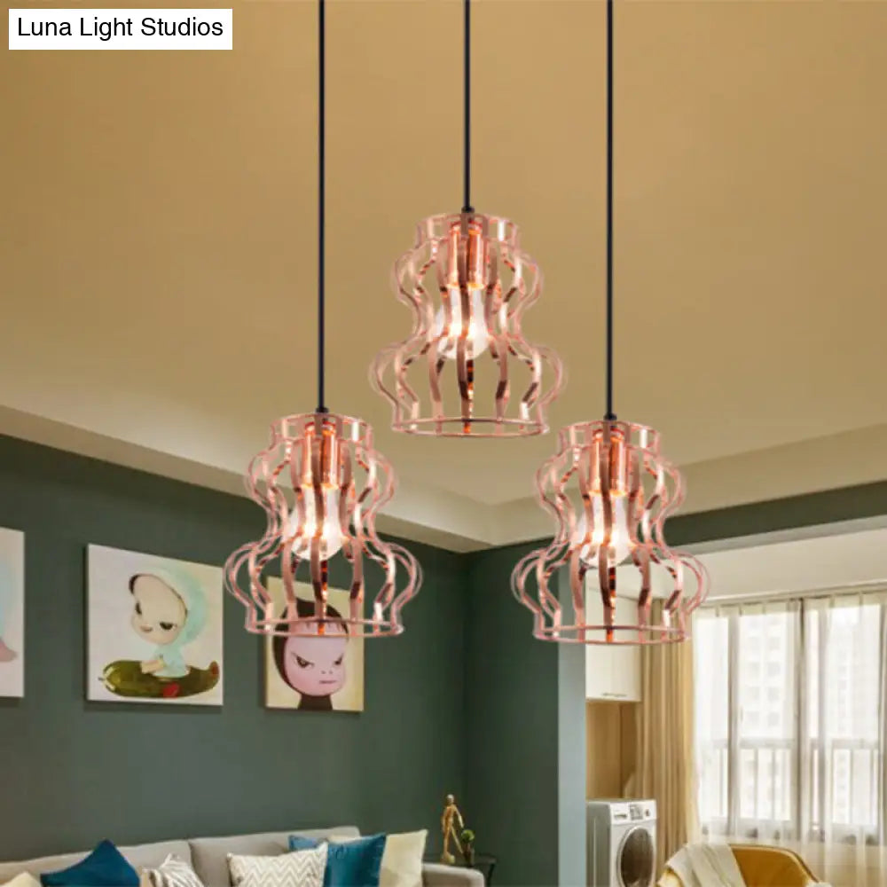 Rose Gold Loft Style Gourd Cage Pendant Light with Canopy - 3 Bulbs, Metallic Finish