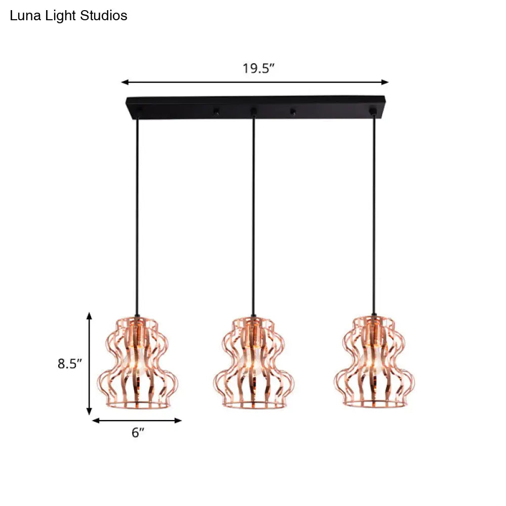 Rose Gold Loft Style Gourd Cage Pendant Light with Canopy - 3 Bulbs, Metallic Finish