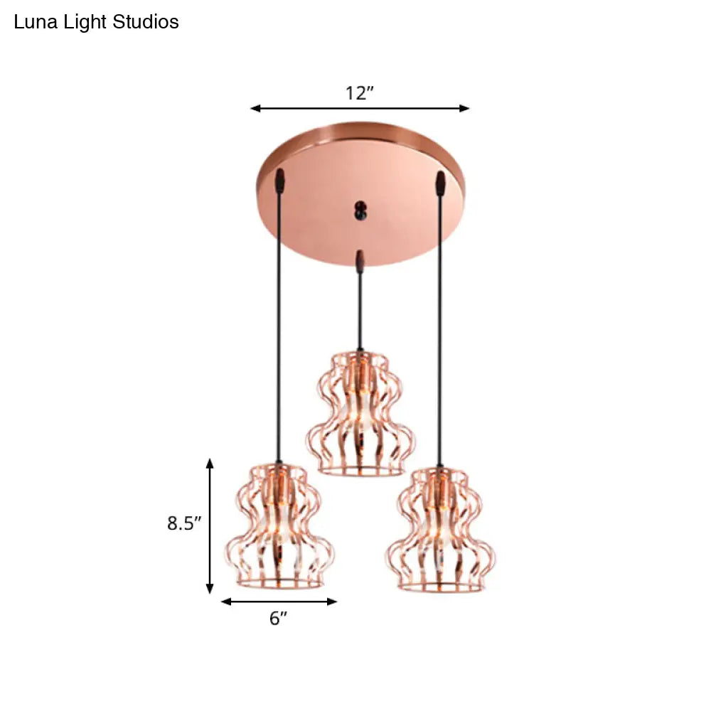 Rose Gold Loft Style Gourd Cage Pendant Light with Canopy - 3 Bulbs, Metallic Finish