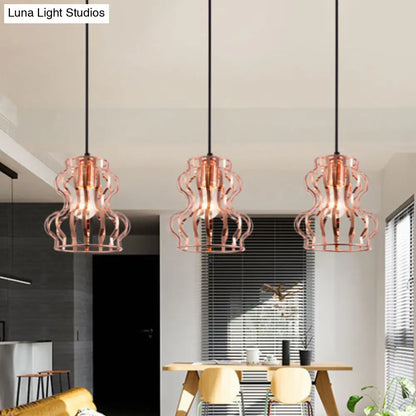 Rose Gold Loft Style Gourd Cage Pendant Light with Canopy - 3 Bulbs, Metallic Finish