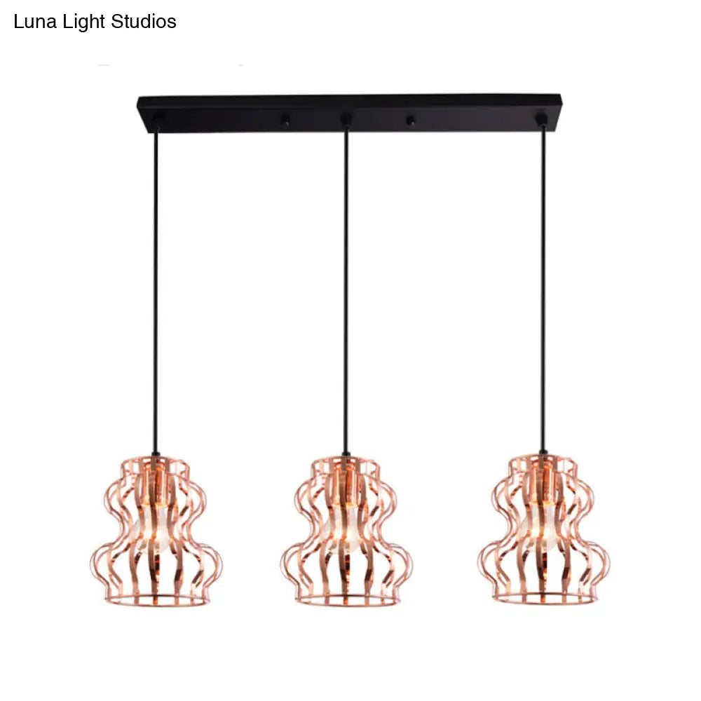 Rose Gold Loft Style Gourd Cage Pendant Light with Canopy - 3 Bulbs, Metallic Finish