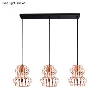 Rose Gold Loft Style Gourd Cage Pendant Light with Canopy - 3 Bulbs, Metallic Finish