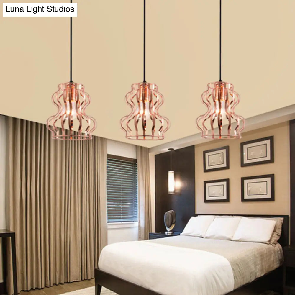 Rose Gold Loft Style Gourd Cage Pendant Light with Canopy - 3 Bulbs, Metallic Finish