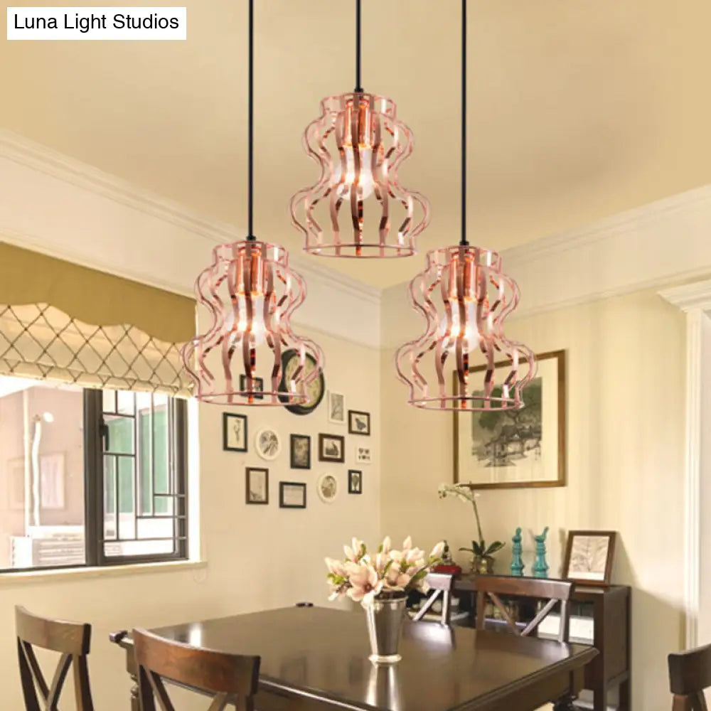 Rose Gold Loft Style Gourd Cage Pendant Light with Canopy - 3 Bulbs, Metallic Finish