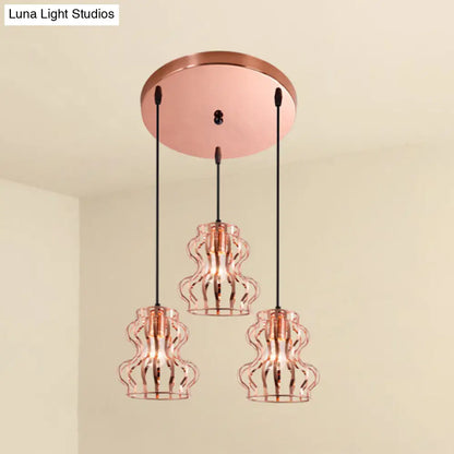 Rose Gold Loft Style Gourd Cage Pendant Light with Canopy - 3 Bulbs, Metallic Finish