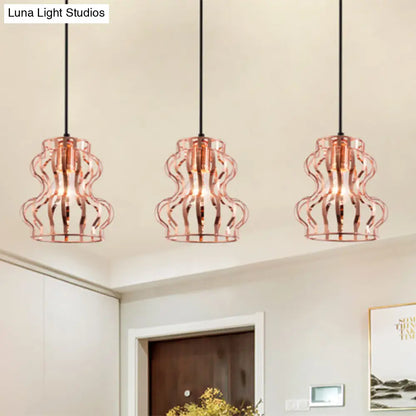 Rose Gold Loft Style Gourd Cage Pendant Light with Canopy - 3 Bulbs, Metallic Finish