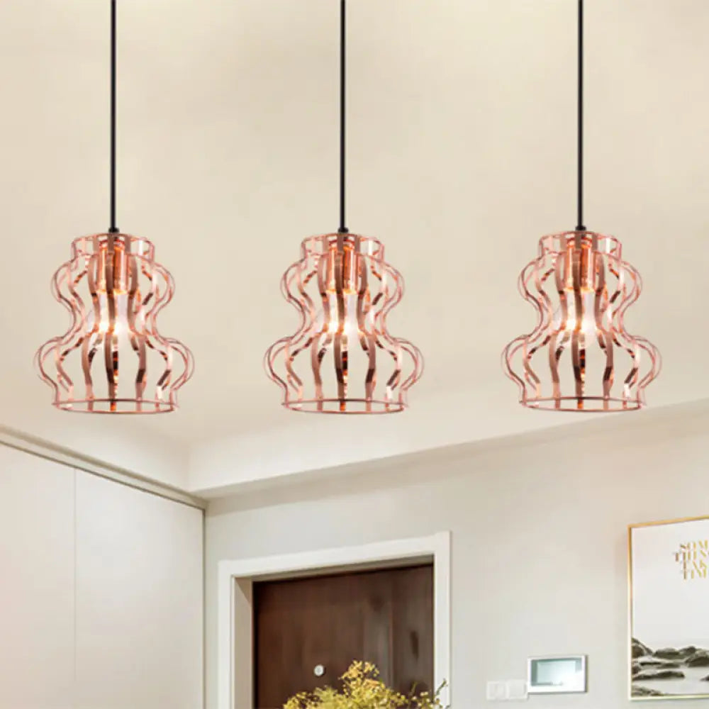 Rose Gold Loft Style Gourd Cage Pendant Light with Canopy - 3 Bulbs, Metallic Finish