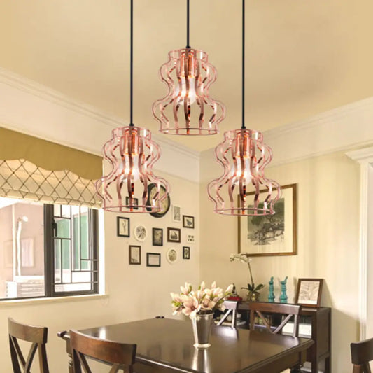 Rose Gold Loft Style Gourd Cage Pendant Light with Canopy - 3 Bulbs, Metallic Finish