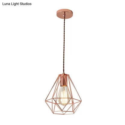 Rose Gold Pendant Lamp - Flared/Diamond Cage - Industrial Ceiling Hang Light - Bedroom Lighting