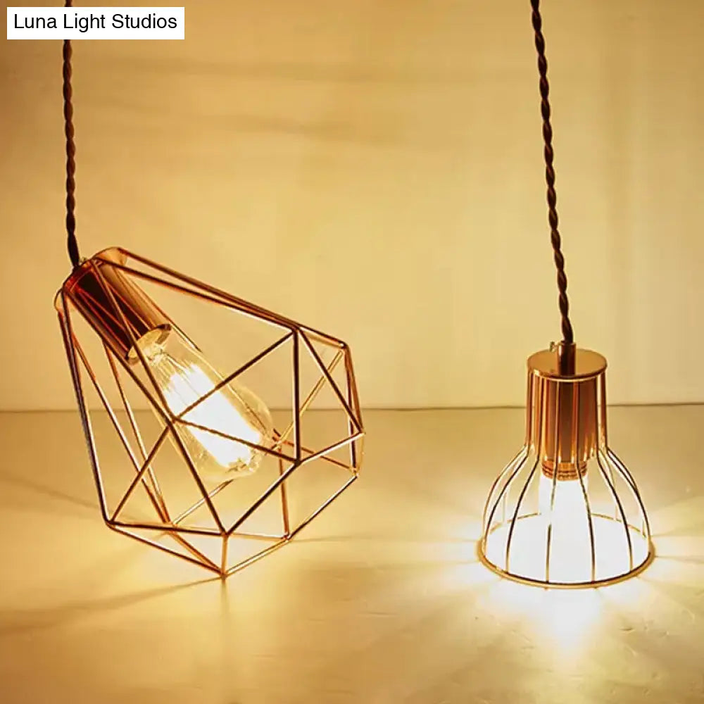 Rose Gold Pendant Lamp - Flared/Diamond Cage - Industrial Ceiling Hang Light - Bedroom Lighting