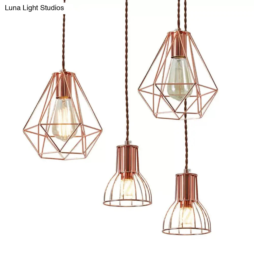 Rose Gold Pendant Lamp - Flared/Diamond Cage - Industrial Ceiling Hang Light - Bedroom Lighting