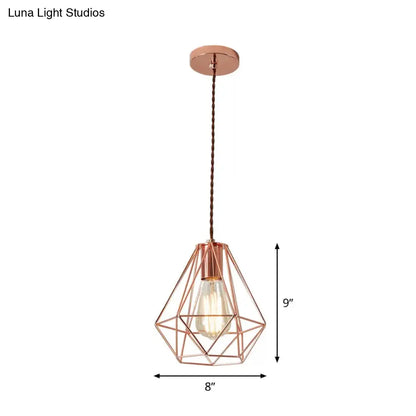 Rose Gold Pendant Lamp - Flared/Diamond Cage - Industrial Ceiling Hang Light - Bedroom Lighting