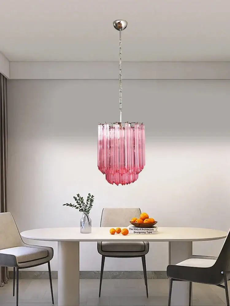 Rose gold pink glass chandelier with chrome chain and ceiling fixture for living room or kitchen lighting