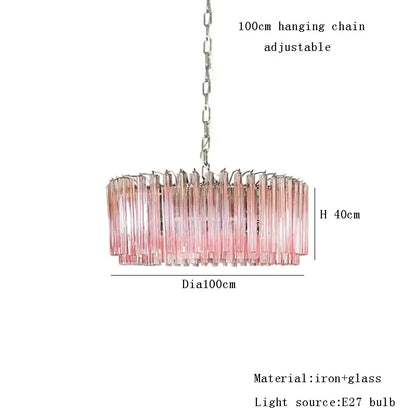 Rose gold pink glass chandelier with metallic iron frame and adjustable chain for living room lighting