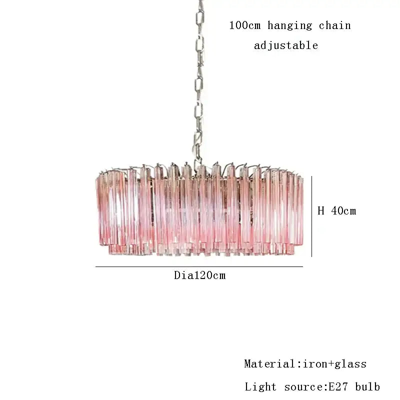 A modern rose gold pink glass chandelier with iron and glass construction and metallic chain suspension for kitchens