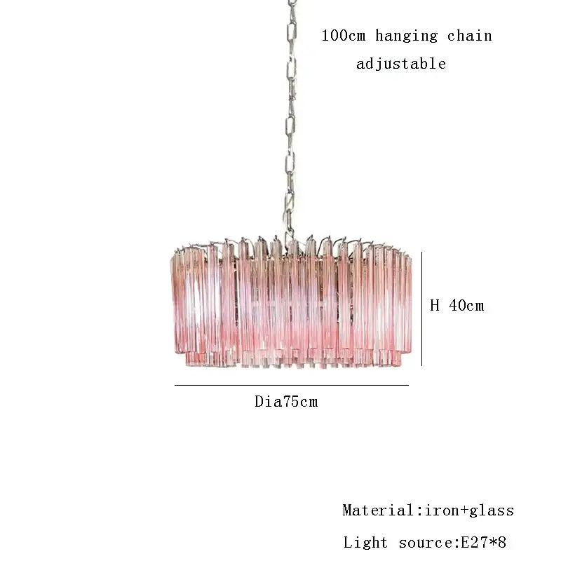Rose gold pink glass chandelier with metallic iron chain suspension featuring a modern pink glass design for kitchen use