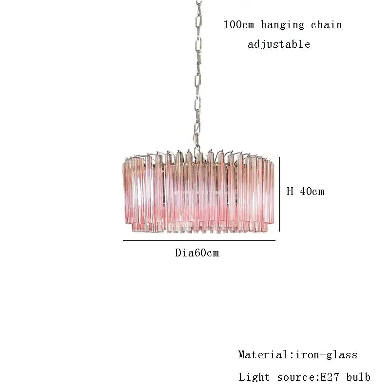 A modern rose gold pink glass chandelier with iron and glass cascading pendant design for kitchen lighting
