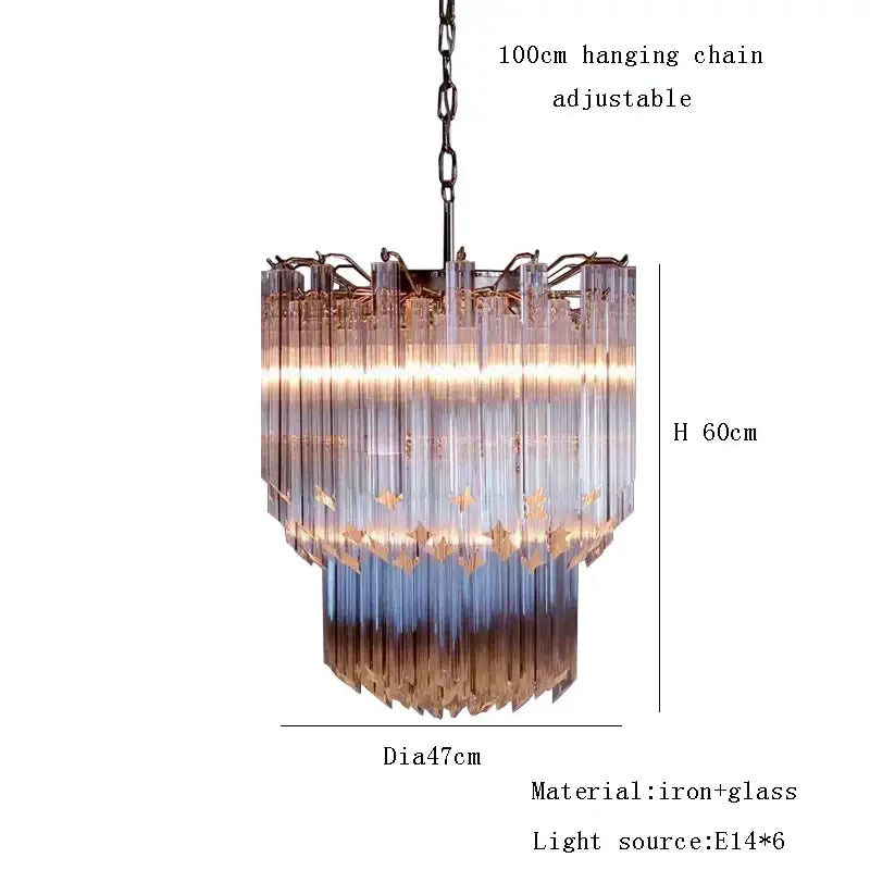Rose gold pink glass chandelier with cascading amber blue and clear glass tubes for kitchen or living room lighting