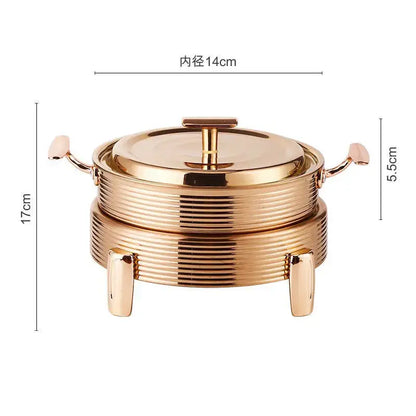 Rose gold ribbed stainless steel chafing dish with lid and handles for hot pot alcohol dining room use