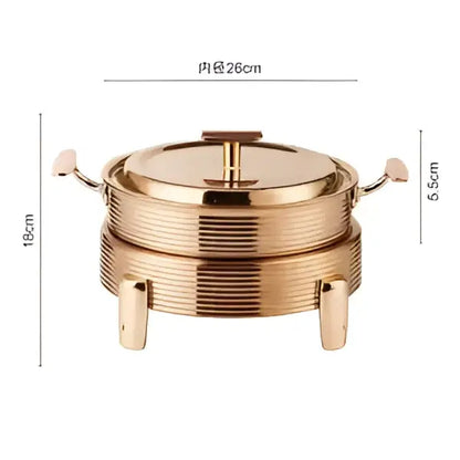 Rose gold ribbed double-tiered chafing dish with handle accents designed for hot pot alcohol dining room use