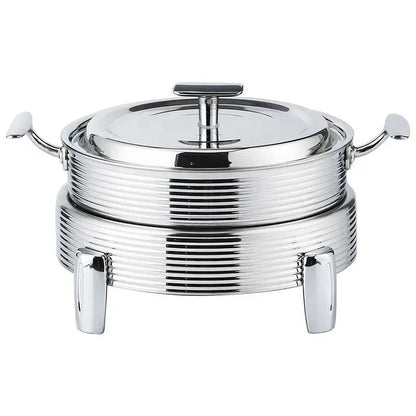 Shiny chrome-finished rose gold ribbed hot pot alcohol set chafing dish with lid and side handles for dining room use
