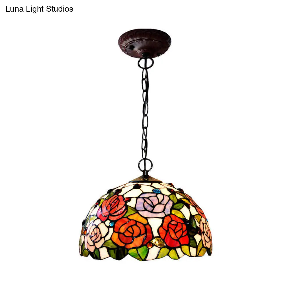 Rose Hanging Chandelier Tiffany Style Stained Glass Pendant Lamp - 1/2 Lights, Red/Green, 12"/16" Wide