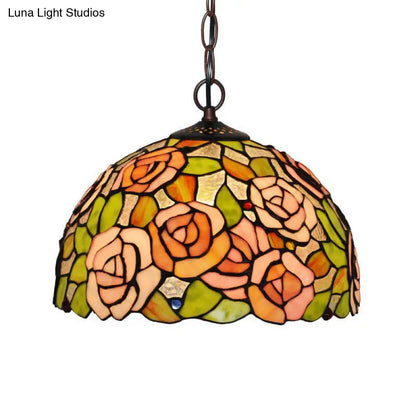 Rose Hanging Chandelier Tiffany Style Stained Glass Pendant Lamp - 1/2 Lights, Red/Green, 12"/16" Wide