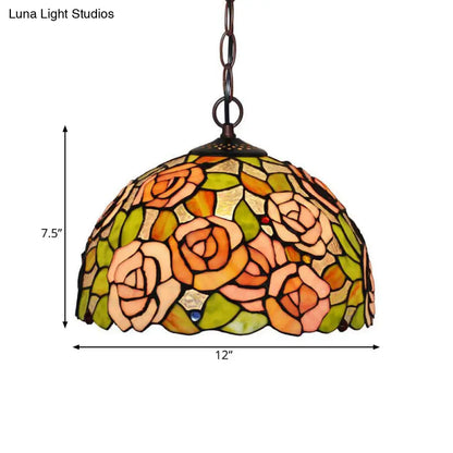 Rose Hanging Chandelier Tiffany Style Stained Glass Pendant Lamp - 1/2 Lights, Red/Green, 12"/16" Wide