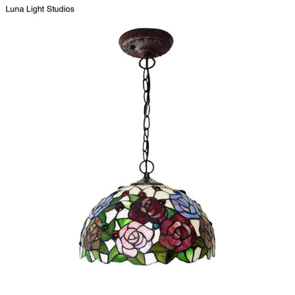 Rose Hanging Chandelier Tiffany Style Stained Glass Pendant Lamp - 1/2 Lights, Red/Green, 12"/16" Wide