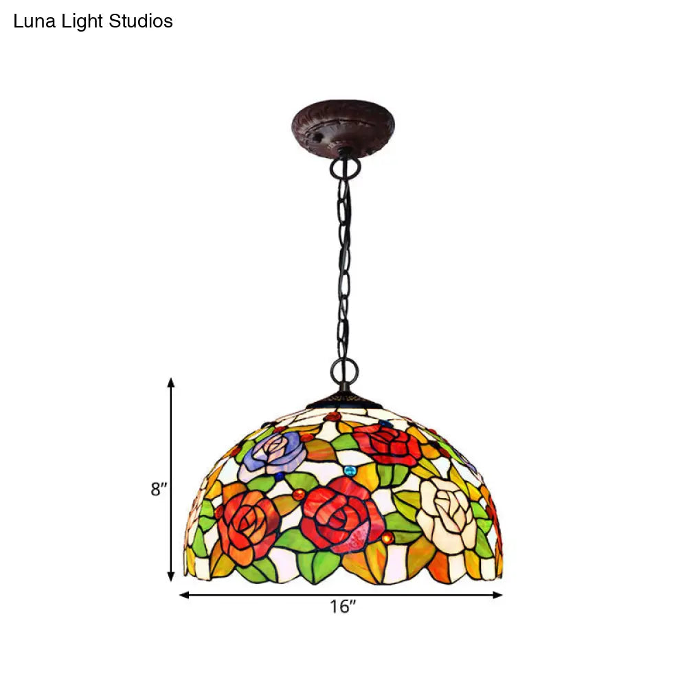 Rose Hanging Chandelier Tiffany Style Stained Glass Pendant Lamp - 1/2 Lights, Red/Green, 12"/16" Wide