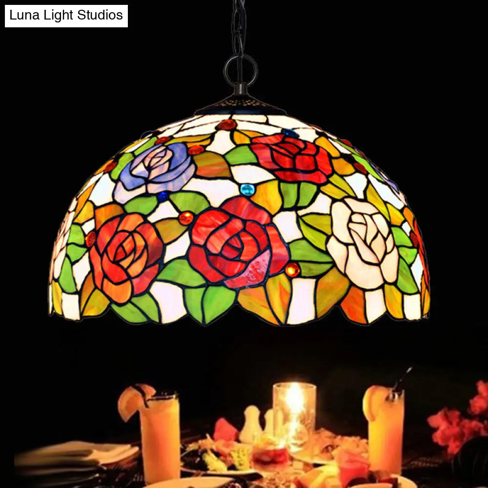 Rose Hanging Chandelier Tiffany Style Stained Glass Pendant Lamp - 1/2 Lights, Red/Green, 12"/16" Wide